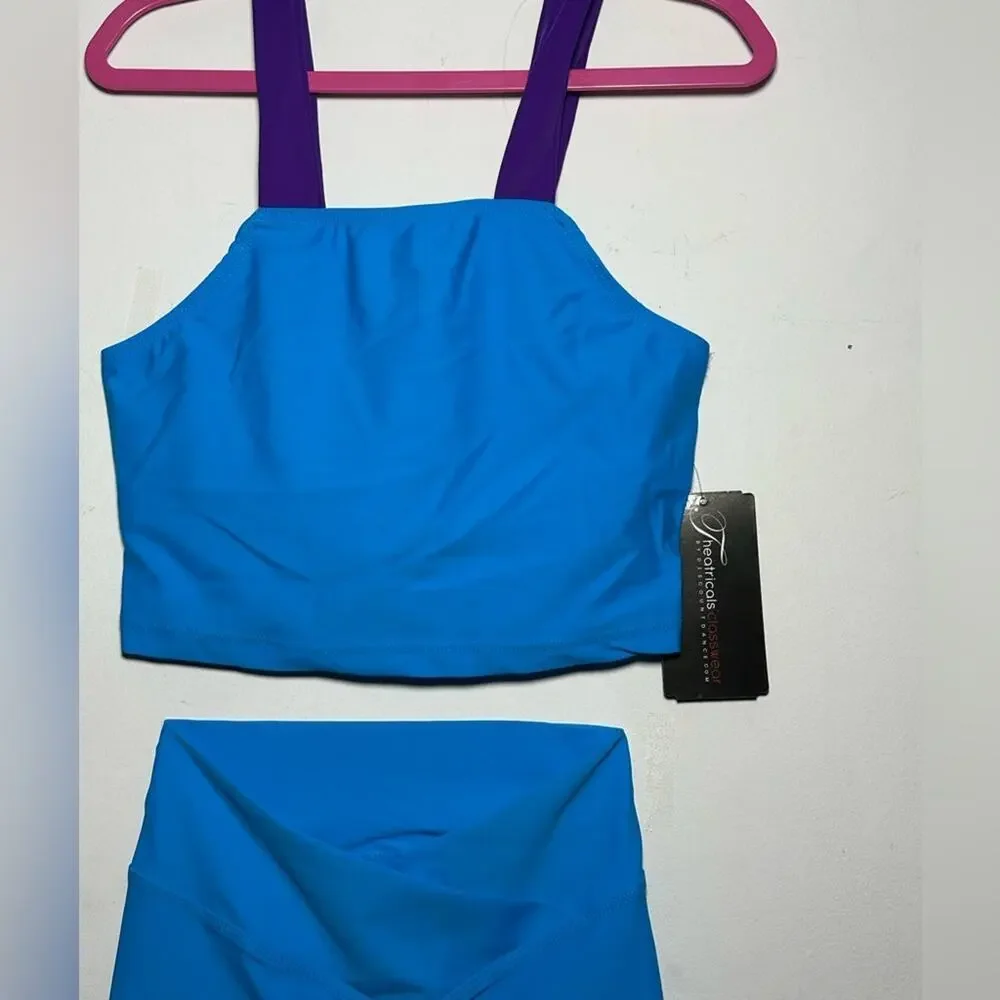 SET Theatricals dance 2 piece Purple blue Dancewear Crop Top Biker Shorts XS NWT